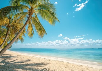 Serene Tropical Beach with Palm Trees Under Clear Blue Sky and Calm Turquoise Waters in a Warm and Inviting Coastal Landscape