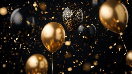 Golden and black balloons, confetti, celebration, party