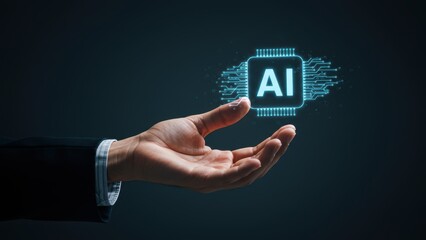Businessman holding AI chip in hand Digital technology concept showcases innovation, modern entrepreneurship