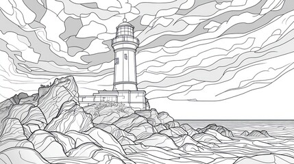 Fototapeta premium Lighthouse on rocky coast, stormy sky, ocean waves, coastal illustration