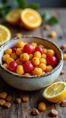 A variety of colorful non-dye candies in a bowl against a neutral background.