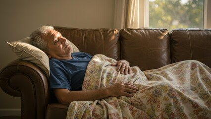 Senior man sleeping on couch indoors, warm lighting creates a peaceful atmosphere of relaxation and comfort, illustrating tranquility
