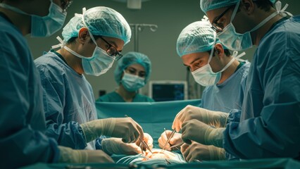 Diverse surgical team performing operation in hospital operating room Focus on teamwork, medical professionalism, and patient care
