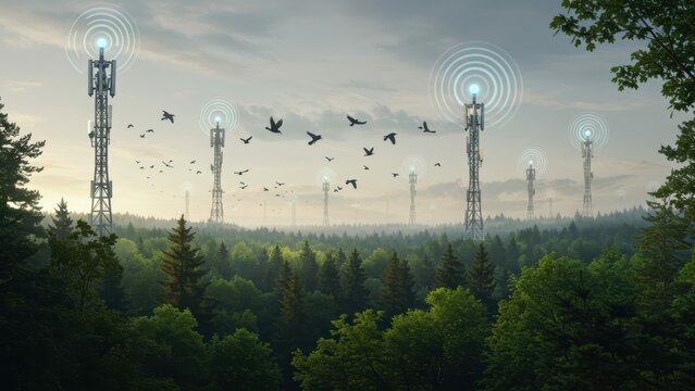 Communication towers in forest with wireless signals and birds flying Represents technology, nature conservation, and sustainability