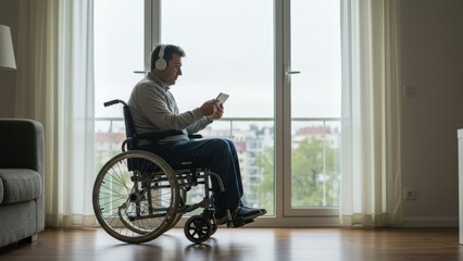 Middle aged Caucasian man in wheelchair uses smartphone while listening to music in modern living room Focus on disability and technology