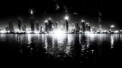 Night cityscape reflected in calm waters illuminated skyscrapers against a dark sky