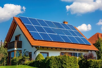 Fototapeta premium Eco-friendly home with solar panels, harnessing green energy for sustainable living and reduced emissions