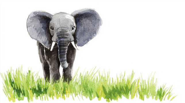 Watercolor illustration of elephant standing in green grass, showcasing its large ears and trunk, evoking sense of nature and wildlife