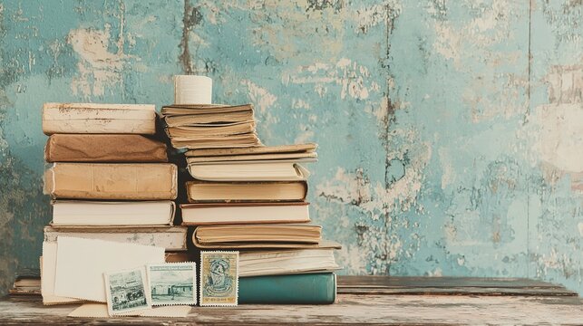 Vintage postcards and stamps collection displayed on rustic bookshelf home decor nostalgic atmosphere