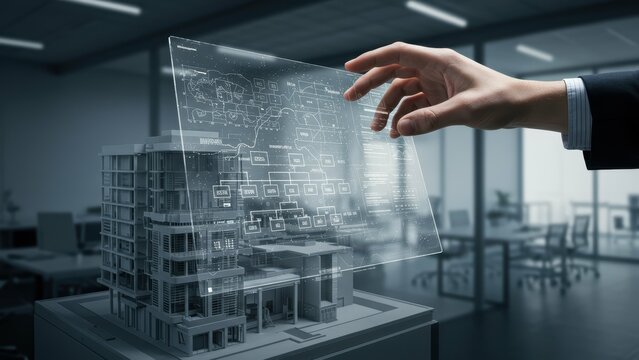 Male architect in business suit holds architectural model in modern office, showcasing design innovation and technology