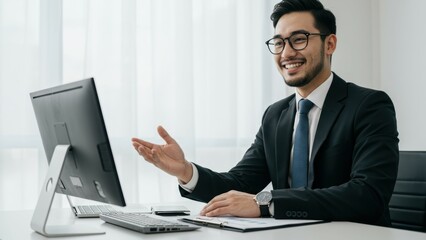 Asian businessman in suit smiling at computer during professional meeting in modern office Themes of communication and technology