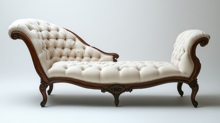 A sleek vintage chaise lounge, its ornate design a testament to bygone eras, sat majestically against a stark white backdrop, exuding an aura of timeless elegance.