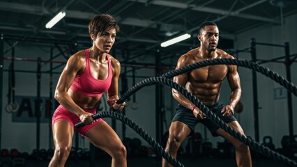 African American man and Hispanic woman exercising with battle ropes in urban gym Fitness training, health, motivation