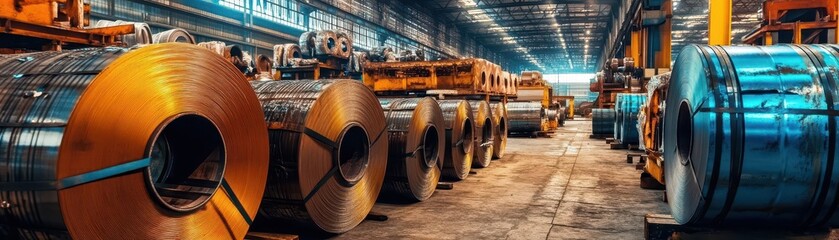 Industrial Warehouse with Steel Coils and Machinery in Background