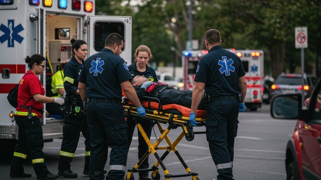 Hispanic male paramedic assists Caucasian female colleague in emergency rescue on urban street Emergency medical services, teamwork