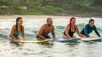 Obraz premium Hispanic and Caucasian surfers riding waves at beach during sunny day, showcasing diversity and active lifestyle