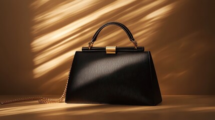 A sleek, black handbag, its golden chain handle glinting in the soft light, sat majestically on a neutral background, exuding an aura of sophistication and elegance.