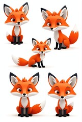 Fototapeta premium Cute red foxes in scandinavian folk art style, different expressions, sticker flash sheet.