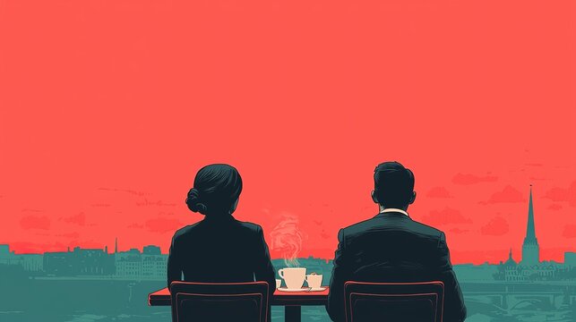 Couple savors coffee together, cozy cityscape view, digital artwork, romantic atmosphere, intimate moment