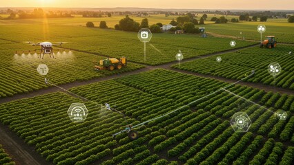Drone and tractor working in green agricultural fields at sunset, showcasing technological advancements in modern farming and sustainability