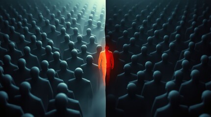 Obraz premium Figure stands out from the crowd, illuminated against shadowy figures, representing individuality and leadership.