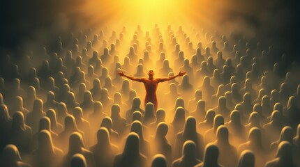 Obraz premium Figure standing before a large crowd, radiating light and energy in a powerful and inspiring scene.