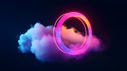 Obraz premium Vivid Neon Pink And Purple Circular Portal Emerging From A Cloud Of Colorful Smoke Against A Dark Background In A 3D Rendered Illustration