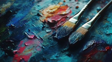 Paintbrushes resting on a vibrant artist's palette covered in various hues of oil paint, showcasing a rich color palette and textured surface