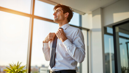 Fototapeta premium Determined job candidate adjusting tie in sleek boardroom, professional readiness