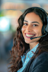 A smiling woman with curly dark hair, wearing a headset, embodies customer service. Her friendly expression promises assistance, set against a blurred, neutral backdrop.