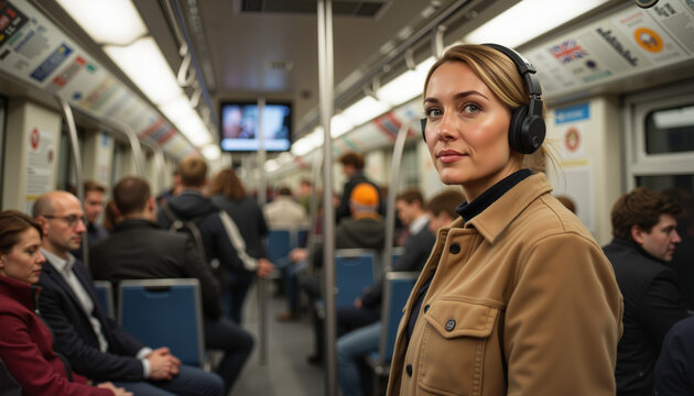 Focused job candidate wearing headphones in crowded subway, urban commuting