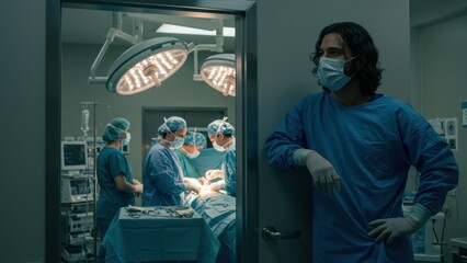 Male surgeon observes surgical team in operating room Hospital setting, teamwork, patient care, diversity focus