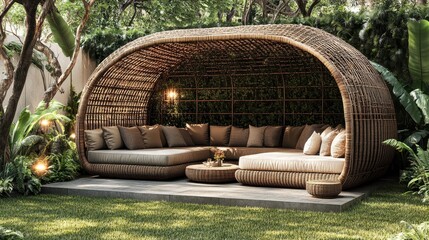 A verdant haven, where rattan, woven in intricate patterns, embraced the outdoors with open sides and a shaded floor, inviting relaxation and gatherings in the heart of a tranquil garden.