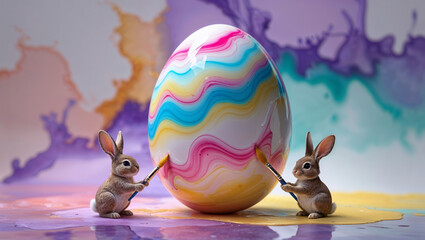 Two bunnies joyfully painting a large Easter egg in vibrant colors amidst a lively spring backdrop