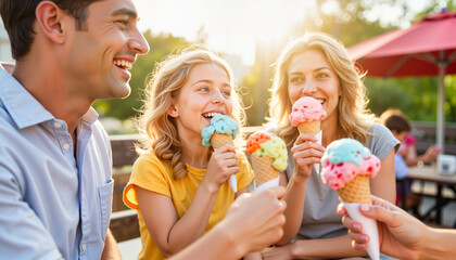 Happy family enjoying ice cream at outdoor cafe, joyful moments
