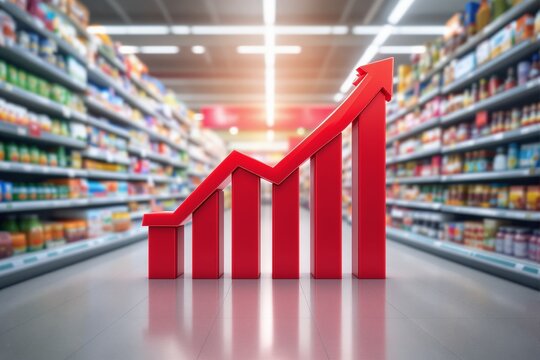 Red upward-trending bar chart in a supermarket aisle, bright aisle background, depicting business growth, sales increase, or economic inflation. Ai generative