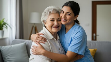 Middle aged Hispanic woman and Asian healthcare worker smile in indoor living room, showcasing compassion and support in healthcare