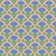 Vector seamless scallop pattern background with hand drawn light blue cornflowers.