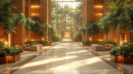 Obraz premium Luxurious hotel lobby with tropical garden view