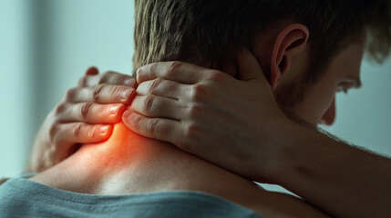 Man with chronic neck pain, highlighting muscle inflammation and spinal issues from prolonged sitting, backache, physical therapy, medical, neck pain, back pain, muscle strain, office syndrome, banner