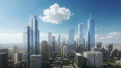 A vibrant cityscape showcasing modern skyscrapers in Chicago under a blue sky with clouds, reflecting innovation and sustainability