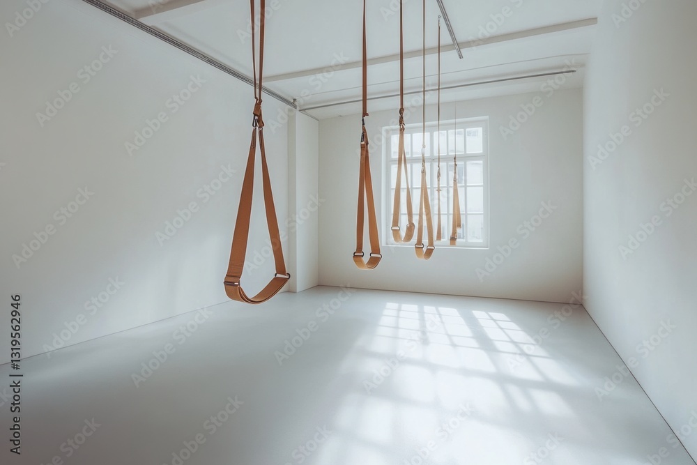 Poster minimal fitness straps suspended in a bright space creating a geometric balance with an emphasis on 