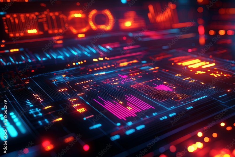 Wall mural futuristic digital circuit board displaying dynamic technological information