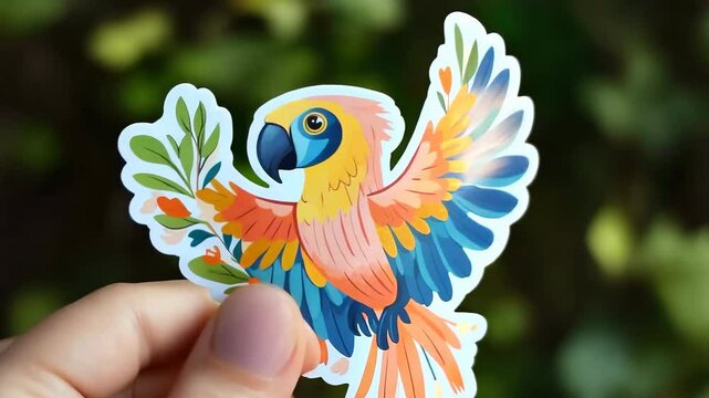 Woman holding macaw parrot sticker with tropical flowers and leaves
