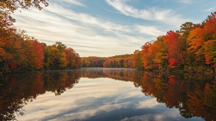 Peaceful autumn landscape with colorful foliage reflecting on tranquil lake in national park October diversity, nature appreciation