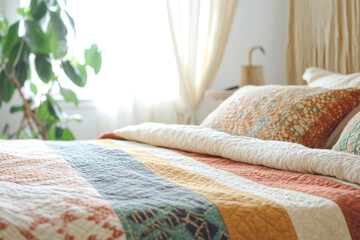 Cozy bedroom with colorful quilt and natural light illuminating a peaceful morning ambiance