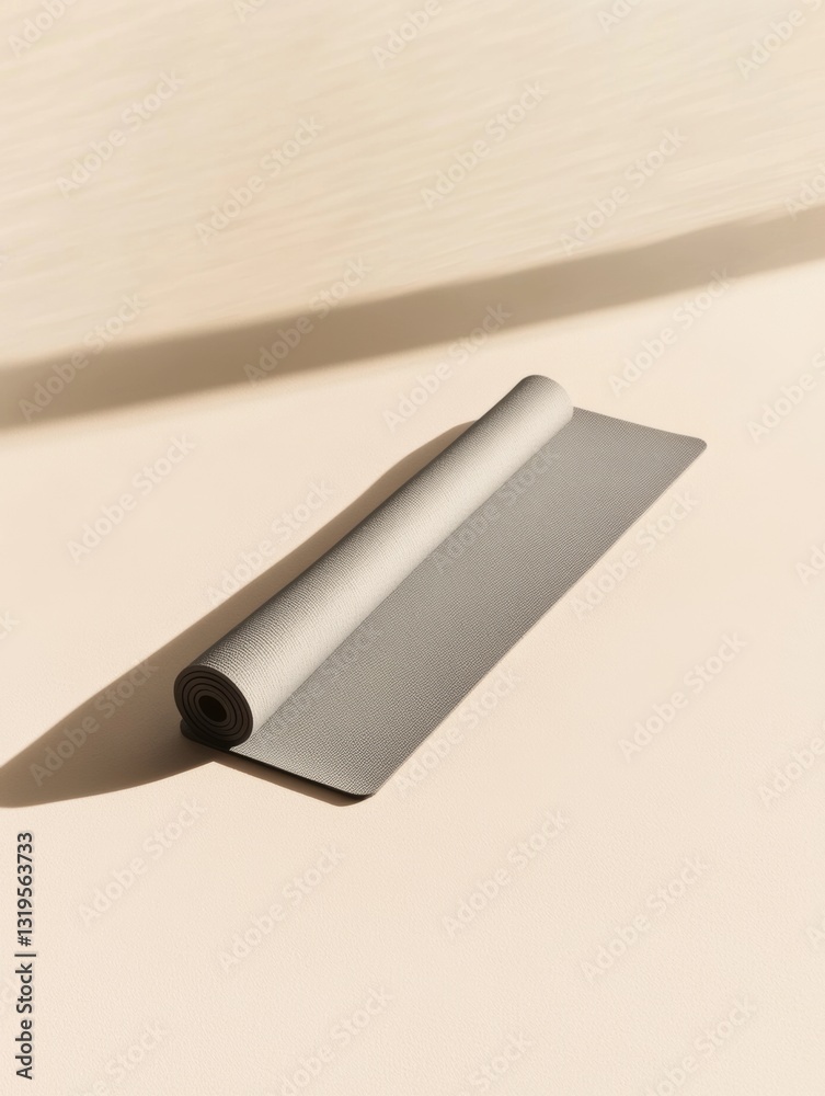 Poster Minimalistic yoga mat positioned diagonally on light background with muted tones creating serene and spacious atmosphere for relaxation