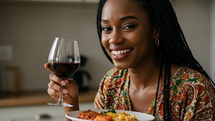 Black woman smiling while holding a glass of red wine and dinner plate in a modern kitchen Celebrating food enjoyment