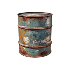 Obraz premium Rusty metal barrel stands against, highlighting its worn exterior and intricate textures with a transparent cut out