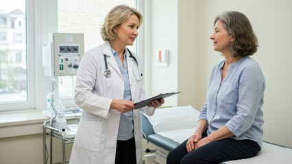 Obraz premium Caucasian female doctor consulting with Middle aged female patient in medical office about health awareness and wellness